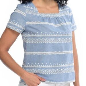 CJ Banks Blue White Embroidered Short Sleeve Square Neck Top Sz 3X Vacation NWT